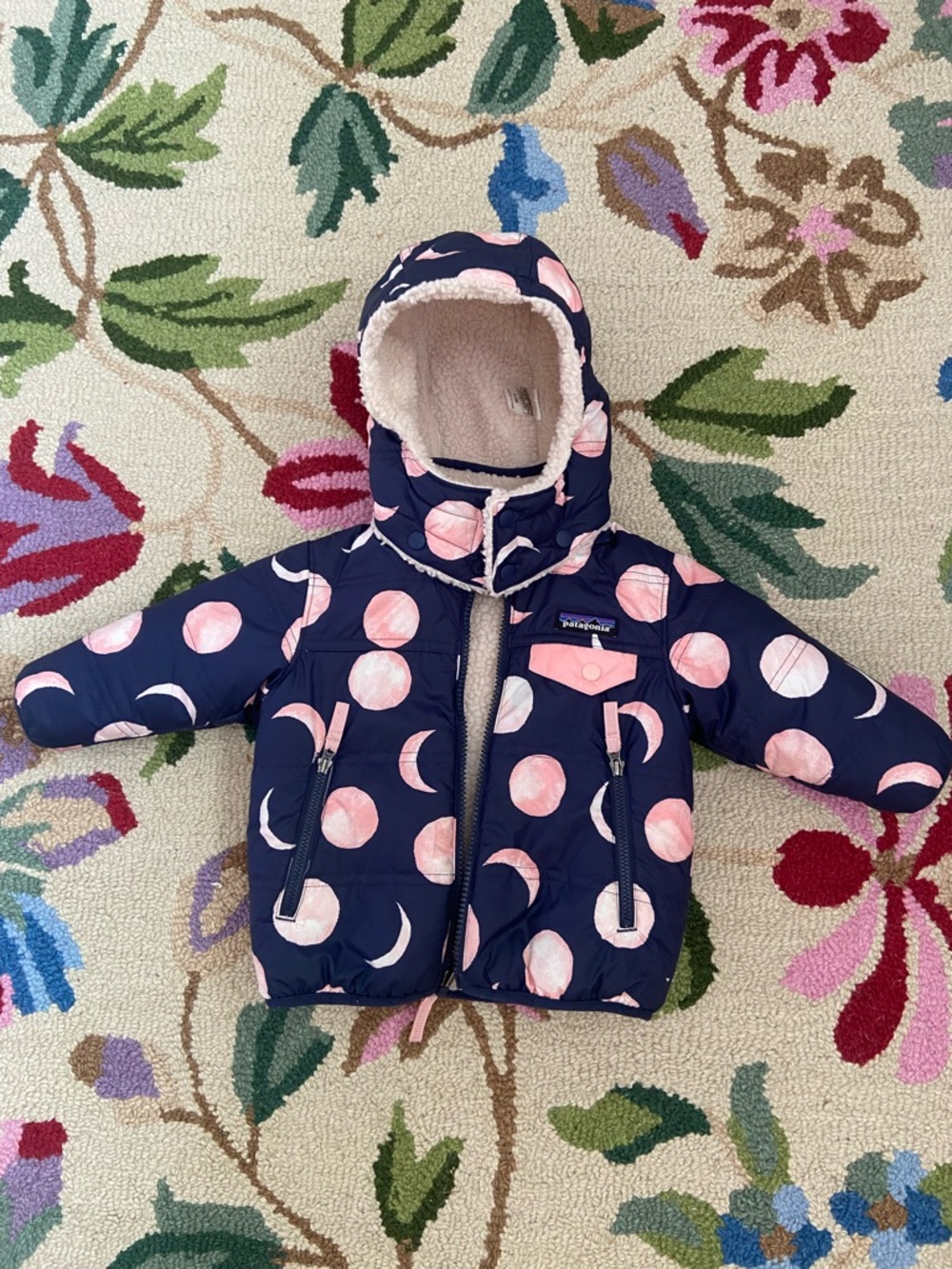 Patagonia Baby Reversible Tribbles Hoody Pink Moon Print on Navy